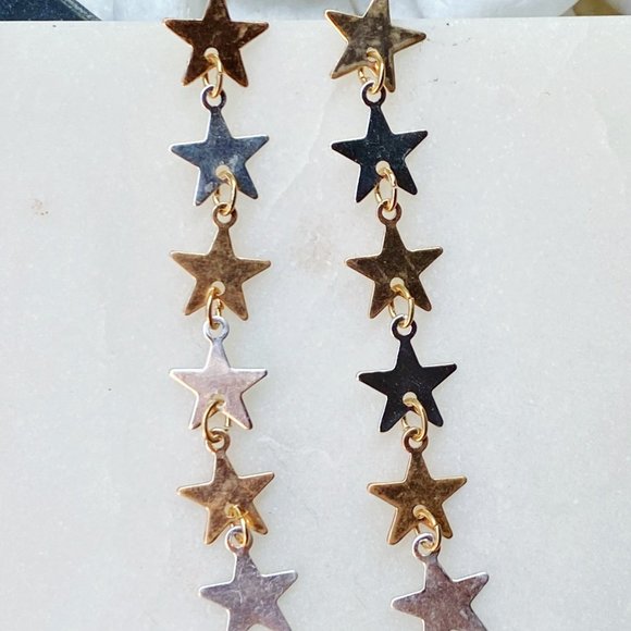 Gold and Silver String of Stars Earrings - Picture 1 of 2